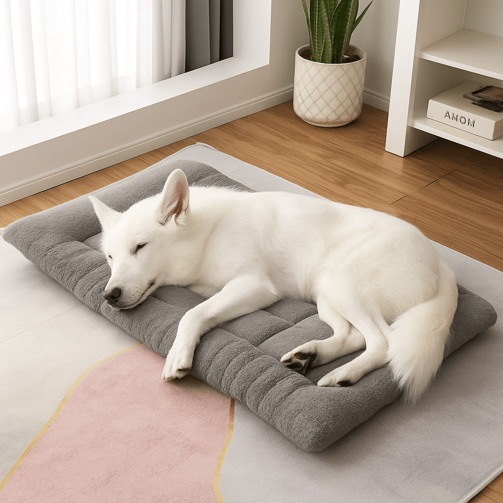 Coussin-pour-chien-tapis-réversible-un Berger suisse qui dort paisiblement sur son coussin moelleux double-face été et hiver rembourré 100% coton à mémoire de forme dans le salon de l'appartement-lit lavable en machine et solide