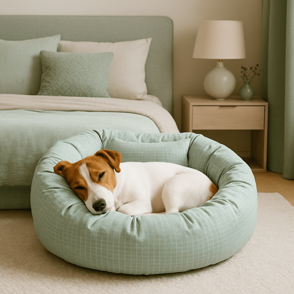 Coussin-pour-chien-avec-rebord 360° protecteur anti-stress-rond et rembourré 100% coton haute densité-housse en coton écologique et respirant-pour chien de petite à moyenne taille de 0 à 12 kg-lavable en machine-imperméable et antidérapant-carreaux graphique discret blanc-compact léger et transportable-un chien de petite taille qui dort confortablement couché dans son lit rond donut épais dans la chambre de l'appartement