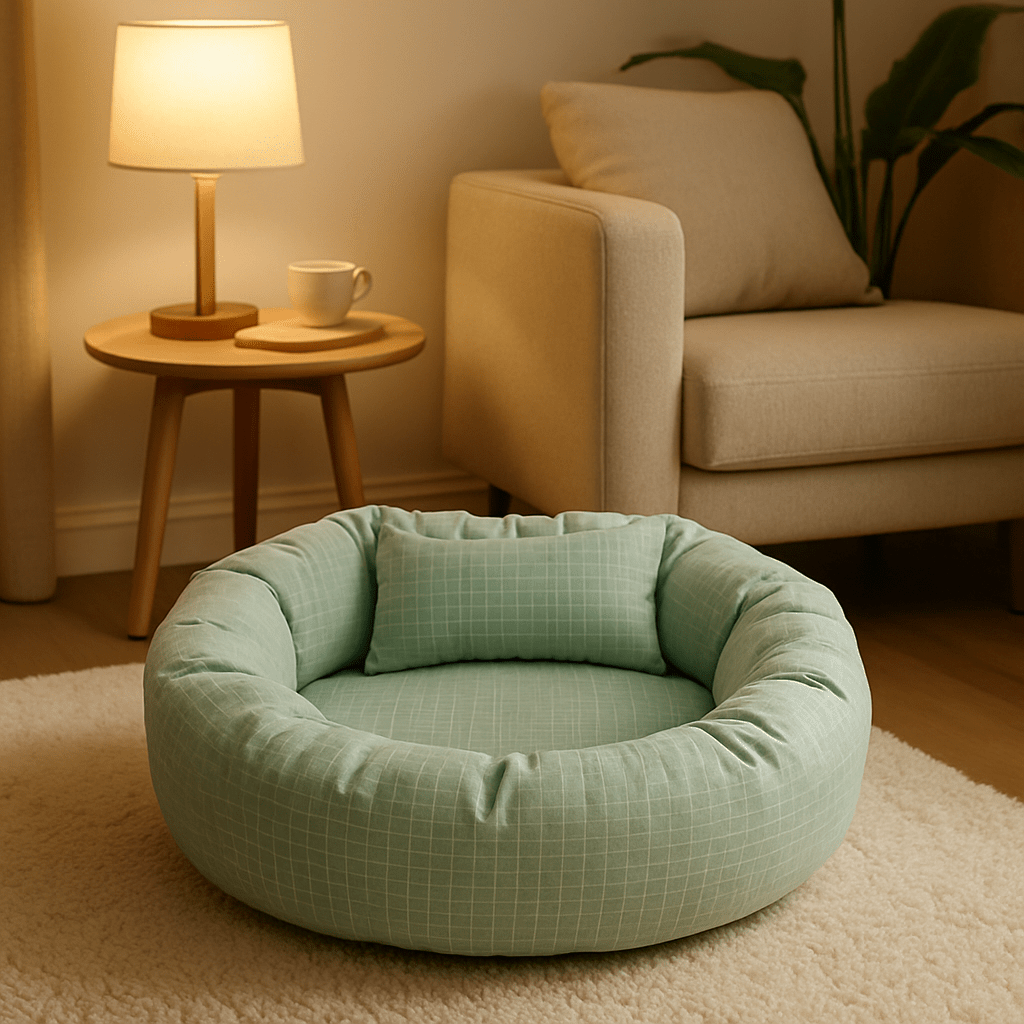 Coussin-pour-chien-avec-rebord 360° protecteur anti-stress-rond et rembourré 100% coton haute densité-housse en coton écologique et respirant-pour chien de petite à moyenne taille de 0 à 12 kg-lavable en machine-imperméable et antidérapant-de couleur vert avec carreaux graphique discret blanc-compact léger et transportable