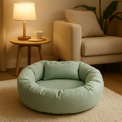 Coussin-pour-chien-avec-rebord 360° protecteur anti-stress-rond et rembourré 100% coton haute densité-housse en coton écologique et respirant-pour chien de petite à moyenne taille de 0 à 12 kg-lavable en machine-imperméable et antidérapant-de couleur vert avec carreaux graphique discret blanc-compact léger et transportable