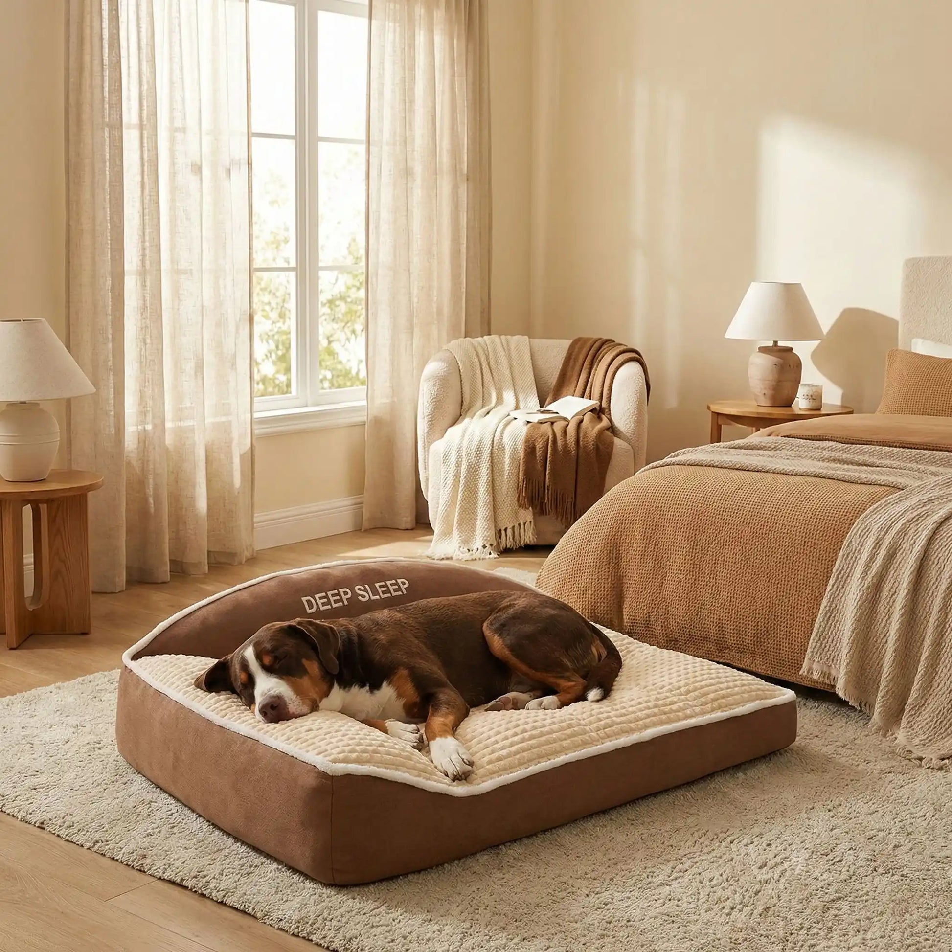 Coussin-pour-chien-xxl-matelas-à-mémoire-de-forme- avec-traversin en L rembourrage épais 100% coton haute densité ergonomique, imperméable antidérapant et déhoussable et lavable en machine pour chien de grande taille jusqu'à 50 kg max, résistant aux griffes et morsure- un  grand chienqui dort paisiblement et couché confortablement sur le flanc et de tout son long sur le lit rectangulaire de 120 cm de couleur marron et beige dans la chambre de l'appartement