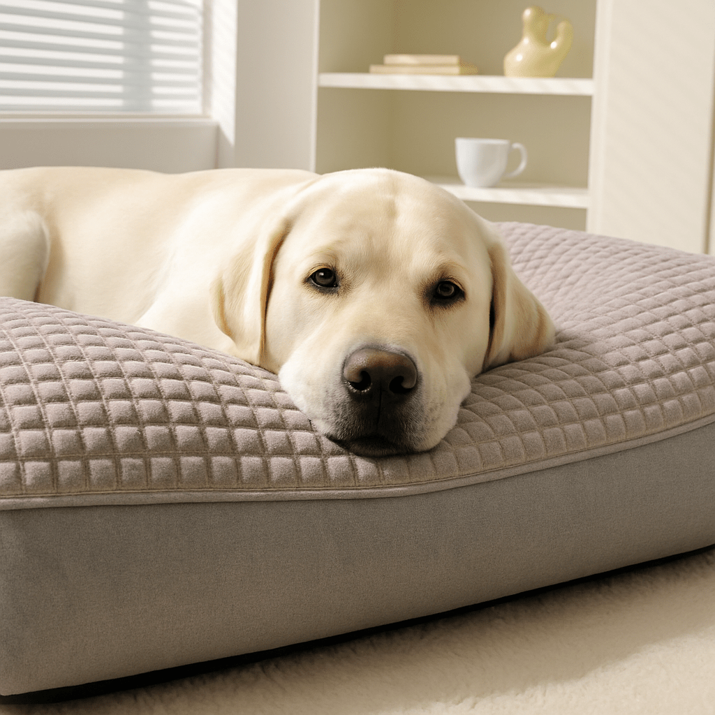 Coussin-pour-chien-xxl-déhoussable-imperméable-antidérapant-lavable en machine-un grand chien couché confortablement sur son matelas éponge de haute densité avec sa housse douce et résistante de couleur gris dans le salon lumineux de la maison