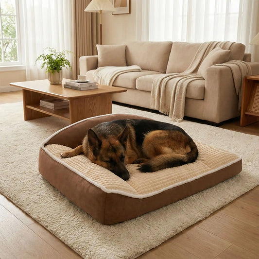 Coussin-pour-chien-xxl-matelas-à-mémoire-de-forme- avec-traversin en L rembourrage épais 100% coton haute densité ergonomique, imperméable antidérapant et déhoussable et lavable en machine pour chien de grande taille jusqu'à 50 kg max, résistant aux griffes et morsure- un  Berger allemand qui dort paisiblement et couché confortablement remplié sur lui-même sur le lit rectangulaire de 120 cm de couleur marron et beige dans la chambre de la maison