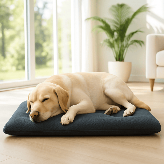 Coussin-pour-chien-xxl-grand chien-polyvalent-lavable en machine et antidérapant-un grand chien qui dort paisiblement sur son matelas épais rembourré 100% coton haute résilience de couleur gris foncé dans le salon de la maison