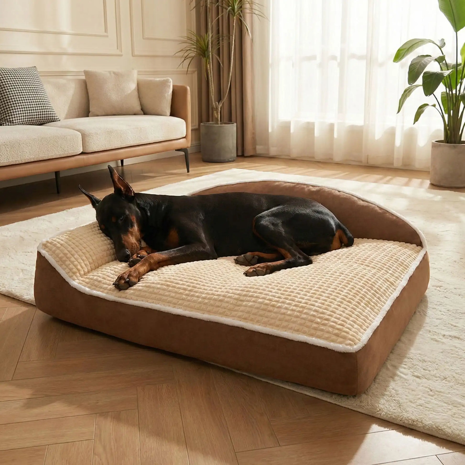 Coussin-pour-chien-xxl-matelas-à-mémoire-de-forme- avec-traversin en L rembourrage épais 100% coton haute densité ergonomique, imperméable antidérapant et déhoussable et lavable en machine pour chien de grande taille jusqu'à 50 kg max, résistant aux griffes et morsure- un  Doberman qui dort paisiblement et couché confortablement sur le flanc et de tout son long sur le lit rectangulaire de 120 cm de couleur marron et beige dans le salon de la maison