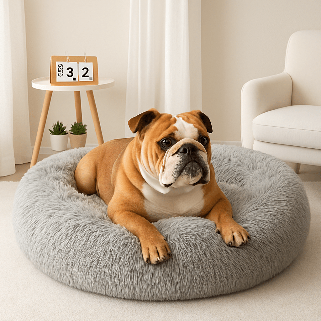 Coussin-xl-pour-chien-anti-stress-lavable en machine, antidérapant et en peluche douce hypoallergénique-un gros chien de taille moyenne couché confortablement dans son lit rond avec rebord de couleur gris