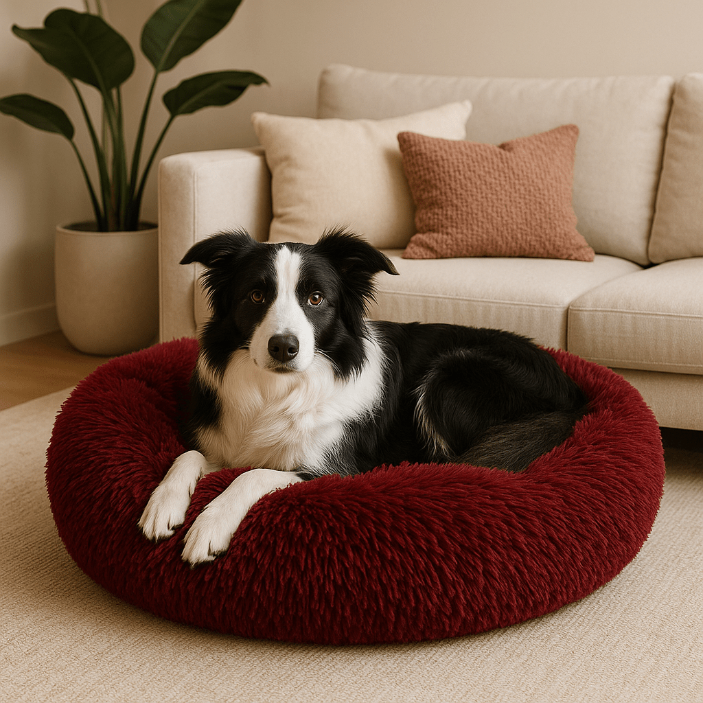 Coussin-xl-pour-chien-beignet-un Border Collie couché confortablement dans son lit rond en forme de donut de couleur bordeaux en peluche douce et rembourrage 100% coton haute densité et antidérapant dans le salon de la maison
