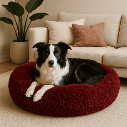 Coussin-xl-pour-chien-beignet-un Border Collie couché confortablement dans son lit rond en forme de donut de couleur bordeaux en peluche douce et rembourrage 100% coton haute densité et antidérapant dans le salon de la maison