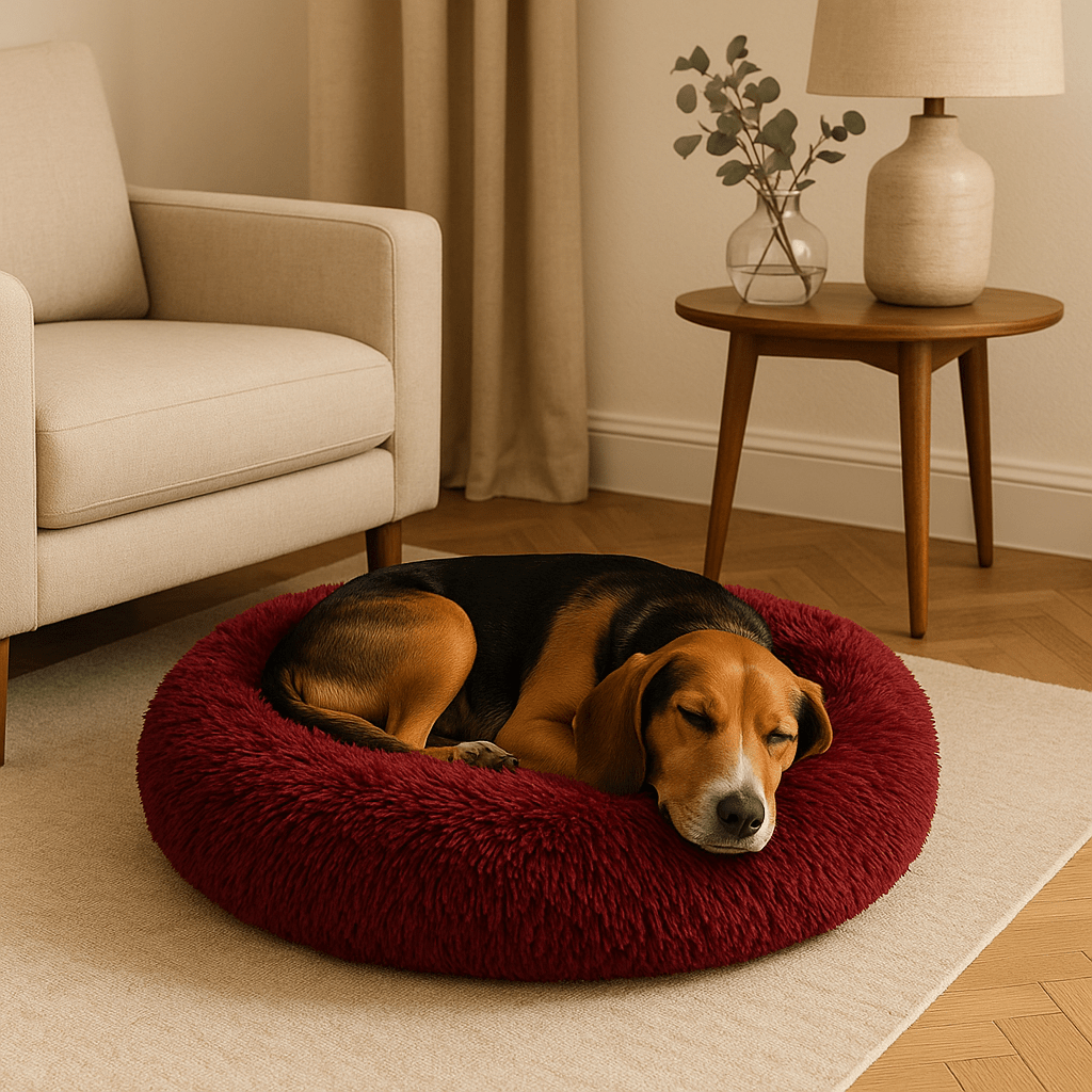 Coussin-xl-pour-chien-bordeaux-lavable en machine-antidérapant en peluche douce et rembourrage 100% coton haute densité-un chien de taille moyenne qui dort paisiblement la tête reposant sur le rebord du lit rond en forme de donut de couleur bordeaux dans le salon de la maison
