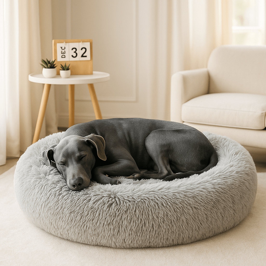 Coussin-xl-pour-chien-chiot-lavable en machine-antidérapant-rembourrage 100% coton PP ergonomique-un chien de taille moyenne couché confortablement dans son lit rond anti-anxiété de couleur gris dans le salon de l'appartement