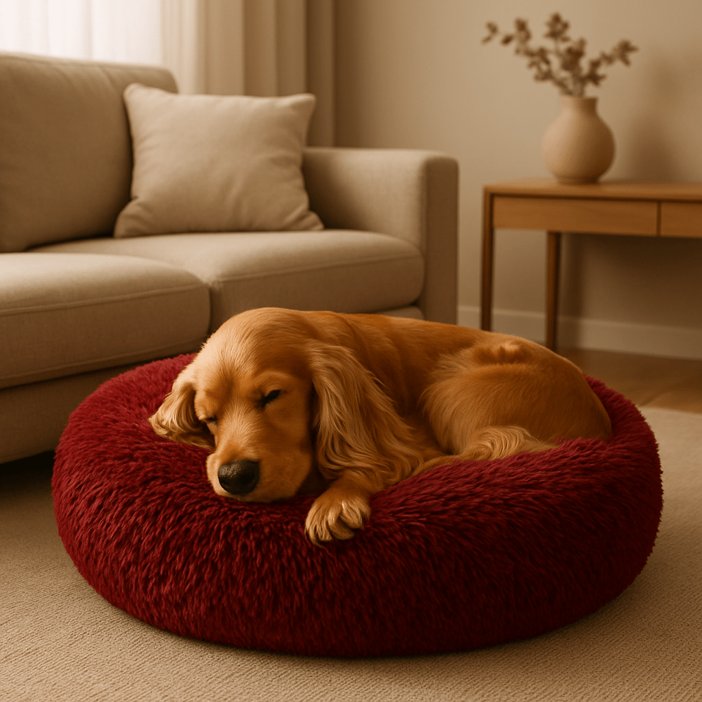 Coussin-xl-pour-chien-donut-rembourrage 100% coton haute résilience et élasticité ergonomique-lavable en machine et antidérapant-un chien de taille moyenne qui dort en boule dans son lit rond avec rebord en peluche douce et chaude de couleur bordeaux dans le salon de l'appartement