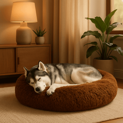 Coussin-xl-pour-chien-marron-lavable en machine-rembourrage 100% coton PP-peluche douce-un Husky qui dort paisiblement niché dans son lit rond en forme de donut anti-anxiété dans le salon de la maison
