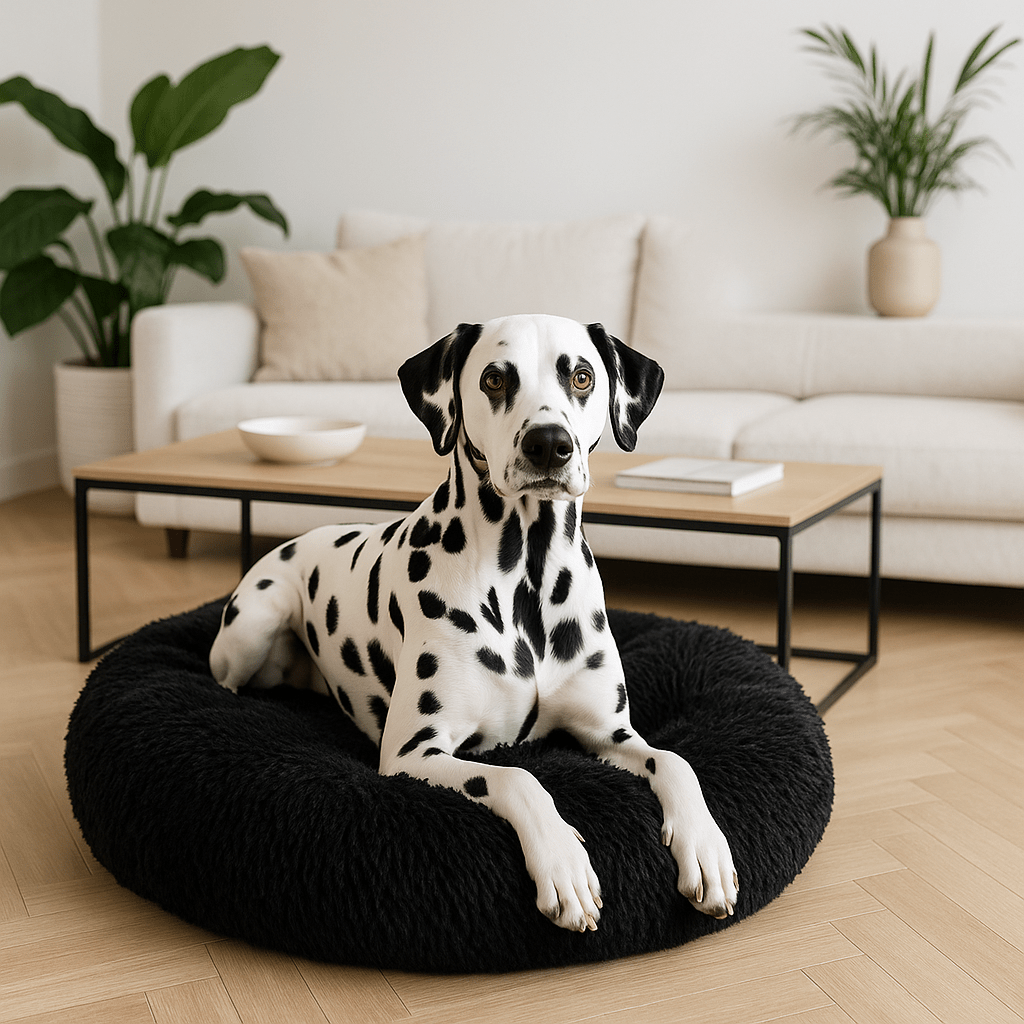 Coussin-xl-pour-chien-moyen-un chien de moyenne taille couché confortablement dans son lit rond en peluche au rembourrage épais 100% coton haute densité et sa housse en peluche douce hypoallergénique lavable en machine et antidérapant dans le salon de l'appartement