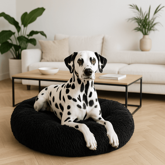 Coussin-xl-pour-chien-moyen-un chien de moyenne taille couché confortablement dans son lit rond en peluche au rembourrage épais 100% coton haute densité et sa housse en peluche douce hypoallergénique lavable en machine et antidérapant dans le salon de l'appartement