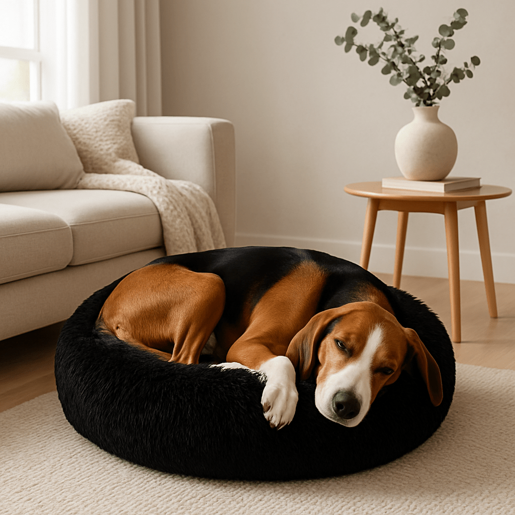 Coussin-xl-pour-chien-panier-rond-lavable en machine-rembourré 100% coton haute densité-antidérapant-un chien de taille moyenne couché dans son lit rond anti-stress et anti-anxiété apaisant, chaud et ergonomique dans le salon de l'appartement