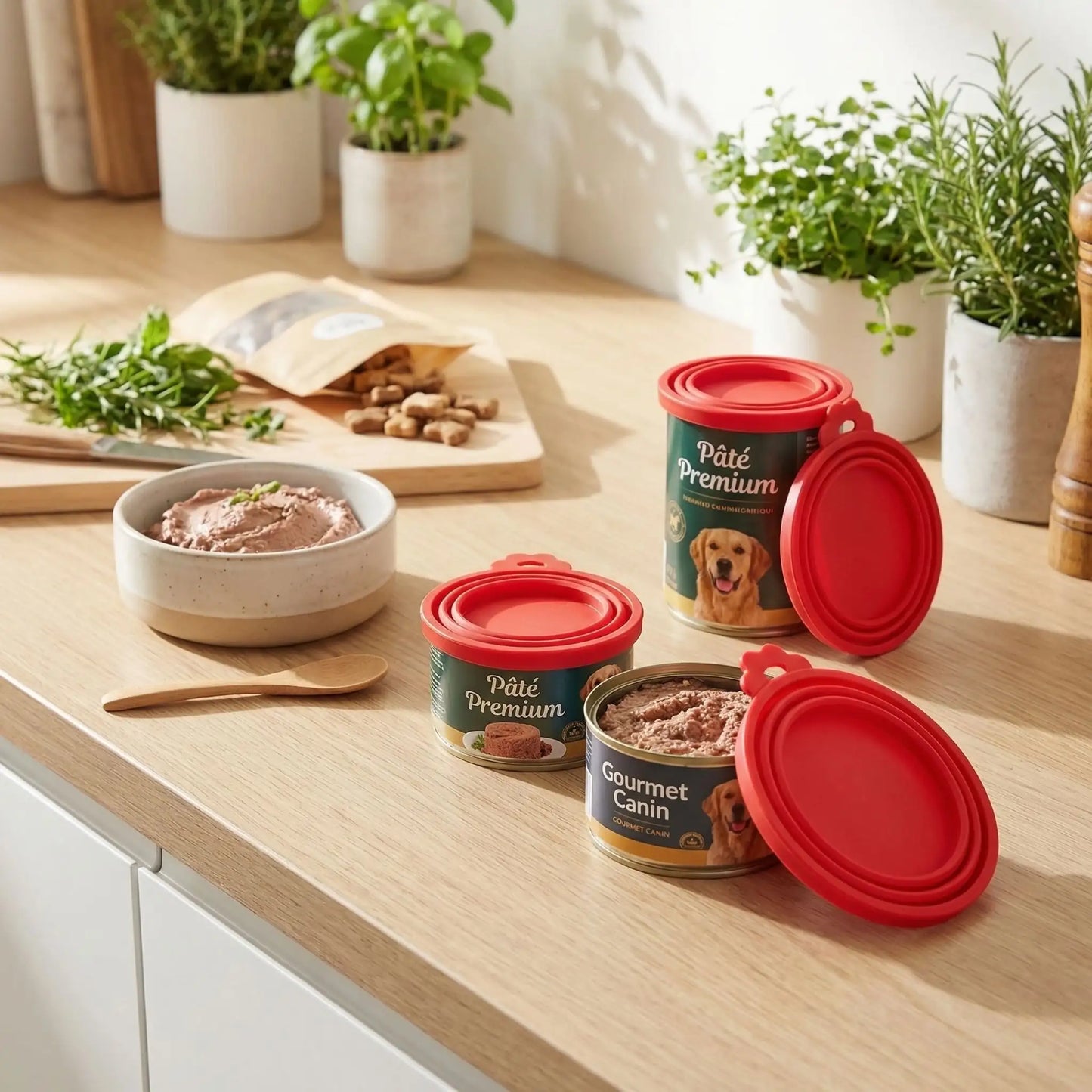Couvercles-pour-boite-de-conserve-adaptable-universel pour toutes tailles de conserve de pâté ou nourriture pour chien ou chats-réutilisable et lavable en lave vaisselle, vedus par lot de 5 couvercles-photo de 5 couvercles rouge pour boites de pâtés pour chien de toutes tailles et circonférence en silicone réutilisable et lavable de couleur rouge pour une bonne conservation qui évite les odeurs et favorise l'hygiène alimentaire