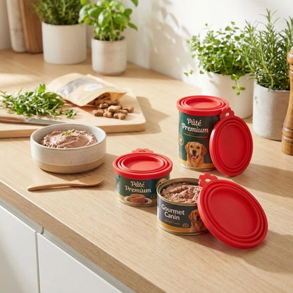 Couvercles-pour-boite-de-conserve-adaptable-universel pour toutes tailles de conserve de pâté ou nourriture pour chien ou chats-réutilisable et lavable en lave vaisselle, vedus par lot de 5 couvercles-photo de 5 couvercles rouge pour boites de pâtés pour chien de toutes tailles et circonférence en silicone réutilisable et lavable de couleur rouge pour une bonne conservation qui évite les odeurs et favorise l'hygiène alimentaire