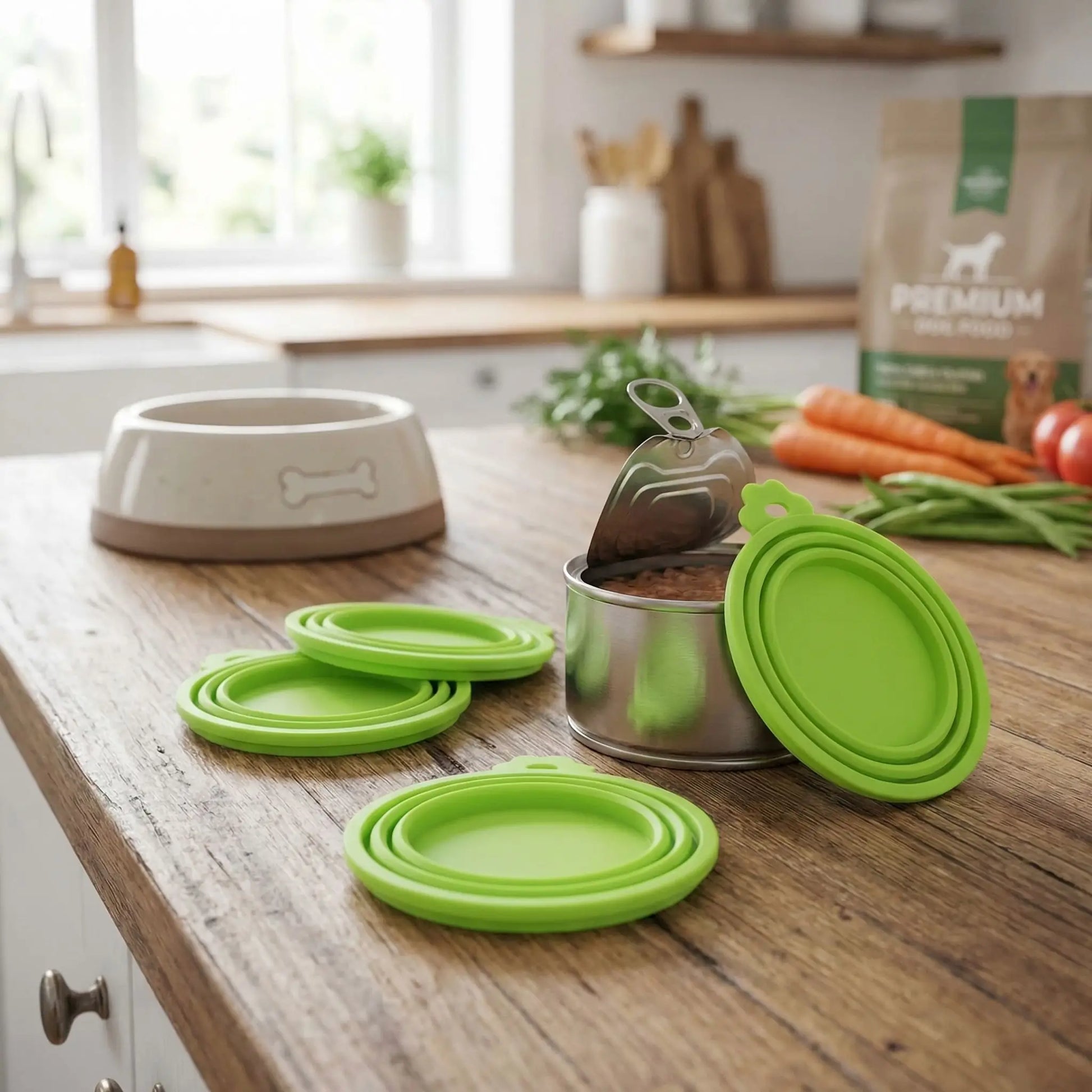 Couvercles-pour-boite-de-conserve-adaptable-universel pour toutes tailles de conserve de pâté ou nourriture pour chien ou chats-réutilisable et lavable en lave vaisselle, vedus par lot de 5 couvercles-photo de 5 couvercles de boites à pâtés pour chien de toutes tailles et circonférence en silicone réutilisable et lavable de couleur vert pour une bonne conservation qui évite les odeurs et favorise l'hygiène alimentaire