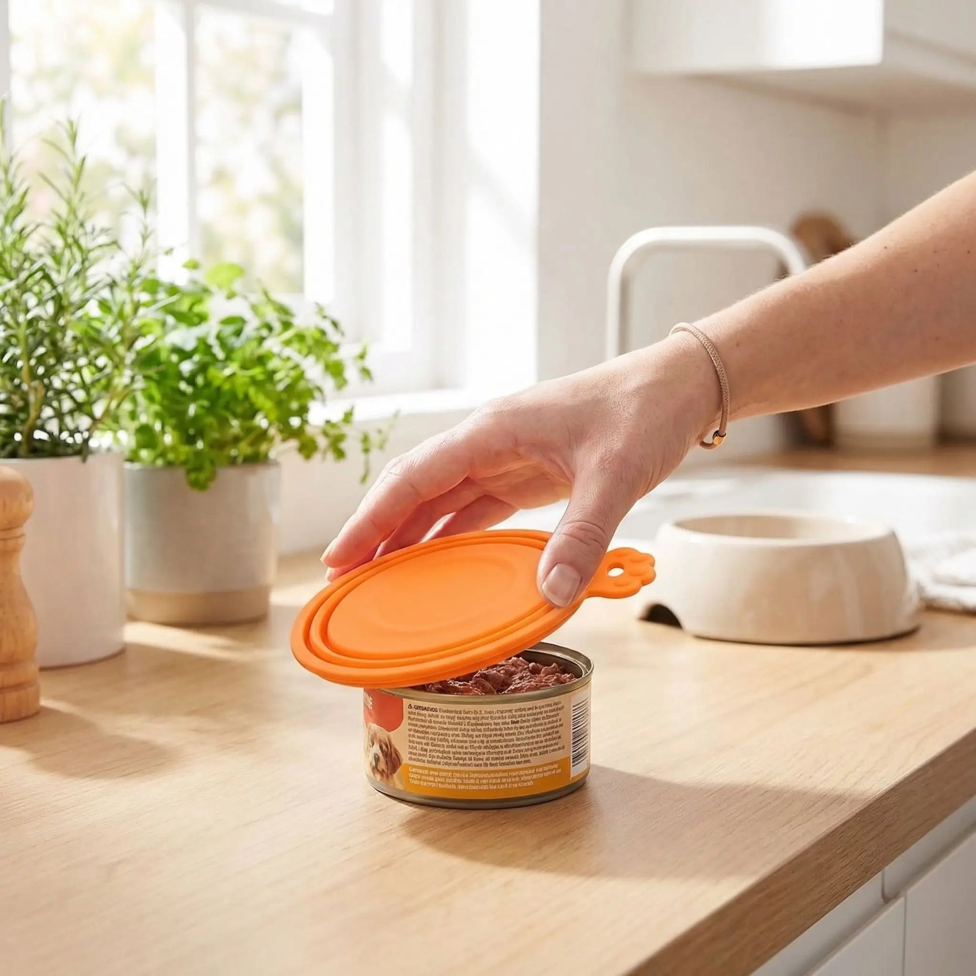 Couvercles-pour-boite-de-conserve-adaptable-universel pour toutes tailles de conserve de pâté ou nourriture pour chien ou chats-réutilisable et lavable en lave vaisselle, vendus par lot de 5 couvercles-une femme qui ferme la boite de pâté de son petit chien avec le couvercle de couleur orange avec 3 circonférences adaptables pour toute tailles de conserve qur le plan de la cuisine pour une bonne conservation qui évite les odeurs et favorise l'hygiène alimentaire