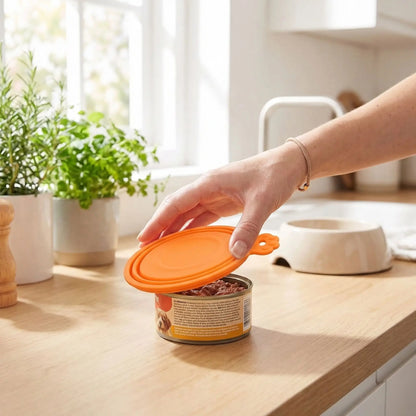 Couvercles-pour-boite-de-conserve-adaptable-universel pour toutes tailles de conserve de pâté ou nourriture pour chien ou chats-réutilisable et lavable en lave vaisselle, vendus par lot de 5 couvercles-une femme qui ferme la boite de pâté de son petit chien avec le couvercle de couleur orange avec 3 circonférences adaptables pour toute tailles de conserve qur le plan de la cuisine pour une bonne conservation qui évite les odeurs et favorise l'hygiène alimentaire