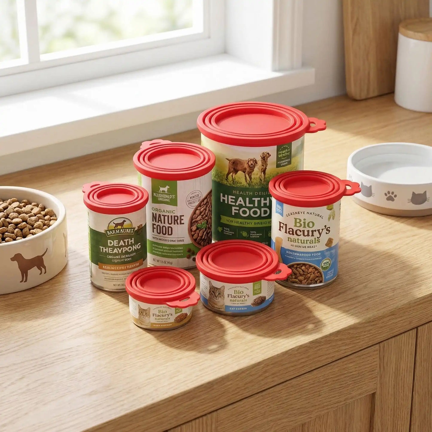 Couvercles-pour-boite-de-conserve-adaptable-universel pour toutes tailles de conserve de pâté ou nourriture pour chien ou chats-réutilisable et lavable en lave vaisselle, vedus par lot de 5 couvercles-5 boites pâtés pour chien de toutes tailles et circonférence fermé par le couverle en silicone réutilisable et lavable de couleur rouge pour une bonne conservation qui évite les odeurs et favorise l'hygiène alimentaire