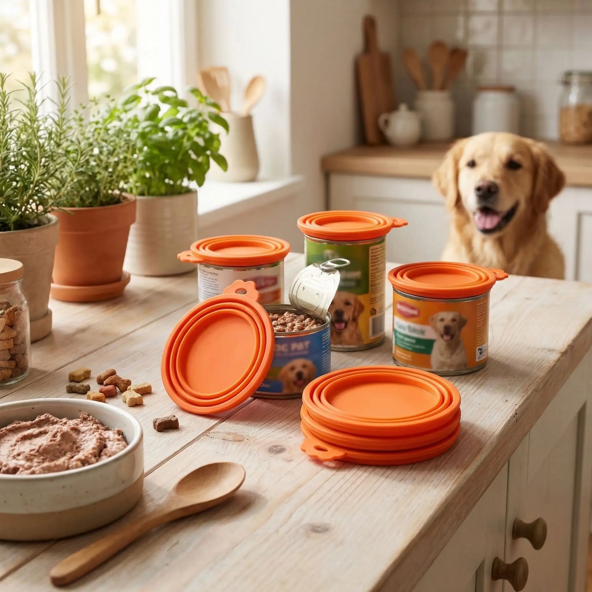 Couvercles-pour-boite-de-conserve-adaptable-universel pour toutes tailles de conserve de pâté ou nourriture pour chien ou chats-réutilisable et lavable en lave vaisselle, vedus par lot de 5 couvercles-photo de 5 couvercles orange de boites à pâtés pour chien de toutes tailles et circonférence en silicone réutilisable et lavable de couleur orange pour une bonne conservation qui évite les odeurs et favorise l'hygiène alimentaire