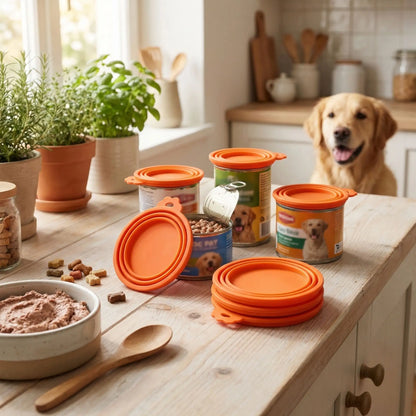 Couvercles-pour-boite-de-conserve-adaptable-universel pour toutes tailles de conserve de pâté ou nourriture pour chien ou chats-réutilisable et lavable en lave vaisselle, vedus par lot de 5 couvercles-photo de 5 couvercles orange de boites à pâtés pour chien de toutes tailles et circonférence en silicone réutilisable et lavable de couleur orange pour une bonne conservation qui évite les odeurs et favorise l'hygiène alimentaire