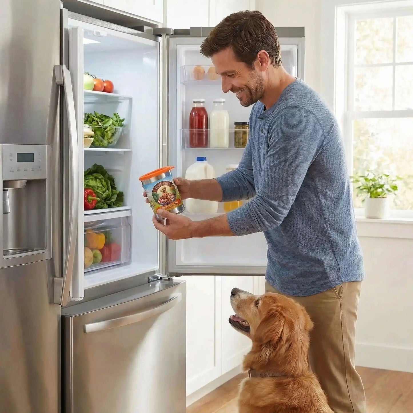 Couvercles-pour-boite-de-conserve-adaptable-universel pour toutes tailles de conserve de pâté ou nourriture pour chien ou chats-réutilisable et lavable en lave vaisselle, vedus par lot de 5 couvercles-un maitre qui met la conserve de pâté pour son chien fermé hermétiquement par le couvercle de couleur orange pour le ranger dans le frigo pour un résultat anti odeur et bonne conservation alimentaire pour la santé du chien