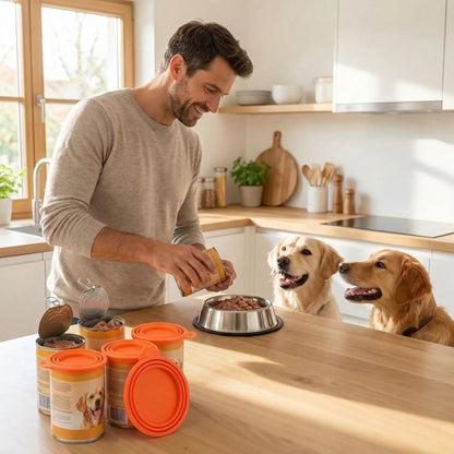 Couvercles-pour-boite-de-conserve-adaptable-universel pour toutes tailles de conserve de pâté ou nourriture pour chien ou chats-réutilisable et lavable en lave vaisselle, vedus par lot de 5 couvercles-un maitre qui verse dans la gamelle de ses chiens la nourriture de la boite de pâté avec plusieurs boite fermées par le couvercle orange sous le regard gourmand de ses chiens qui attendent sagement leur gamelle, idéal pour les propriétaire multi animaux