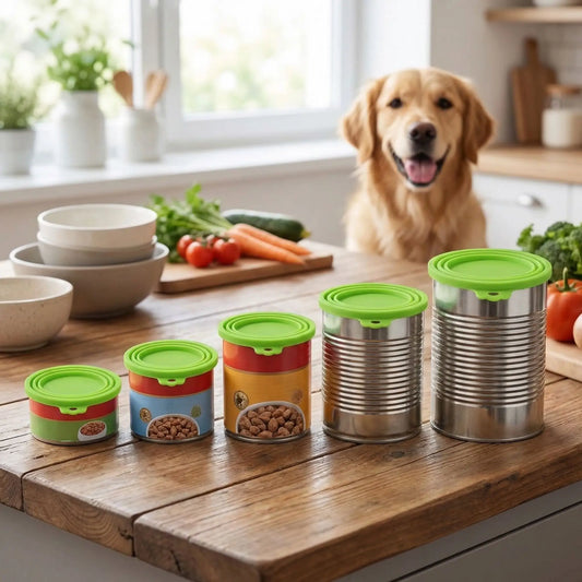 Couvercles-pour-boite-de-conserve-adaptable-universel pour toutes tailles de conserve de pâté ou nourriture pour chien ou chats-réutilisable et lavable en lave vaisselle, vedus par lot de 5 couvercles-5 boites pâtés pour chien de toutes tailles et circonférence fermé par le couverle en silicone réutilisable et lavable de couleur vert pour une bonne conservation qui évite les odeurs et favorise l'hygiène alimentaire