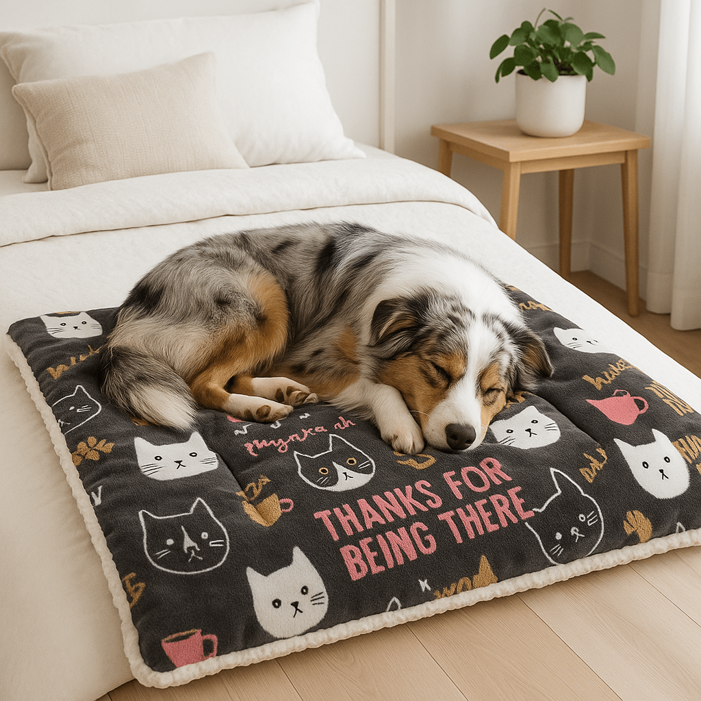 Couverture-chauffante-pour-chien-3-en-1-design-version tapis, coussin épais au rembourrage 100% coton, protège meubles, canapé, voitures, cage de transport pour un confort en déplacement-lavable en machine et passe au sèche linge-3 tailles S, M et L pour chien de petites à grandes tailles-un Berger Australien qui dort paisiblement sur la couverture auto-chauffante sans électricité et sans danger sur le lit de la chambre de son maitres