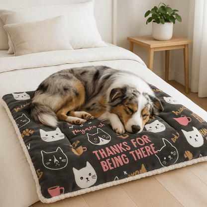 Couverture-chauffante-pour-chien-3-en-1-design-version tapis, coussin épais au rembourrage 100% coton, protège meubles, canapé, voitures, cage de transport pour un confort en déplacement-lavable en machine et passe au sèche linge-3 tailles S, M et L pour chien de petites à grandes tailles-un Berger Australien qui dort paisiblement sur la couverture auto-chauffante sans électricité et sans danger sur le lit de la chambre de son maitres