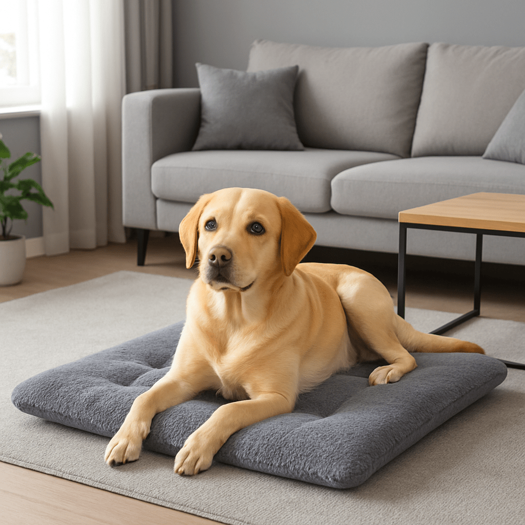 Couverture-chauffante-pour-chien-auto-coton-épais-ergonomique-déhoussable et lavable en machine-en velours doux-antidérapant, légère et transportable, polyvalente pour cage de transport, niche, panier, voiture, résistante aux griffes et morsures pour chien de petite à grande taille du S au XL-un grand chien couché confortablement sur sa couverture auto chauffante grise dans le salon de l'appartement