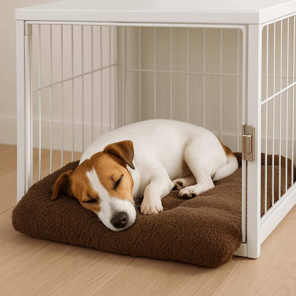 Couverture-chauffante-pour-chien-auto-coton-épais-ergonomique-déhoussable et lavable en machine-en velours doux-antidérapant, légère et transportable, polyvalente pour cage de transport, niche, panier, voiture, résistante aux griffes et morsures pour chien de petite à grande taille du S au XL-un chien de petite taille qui dort paisiblement sur sa couverture auto chauffante marron dans l'appartement.