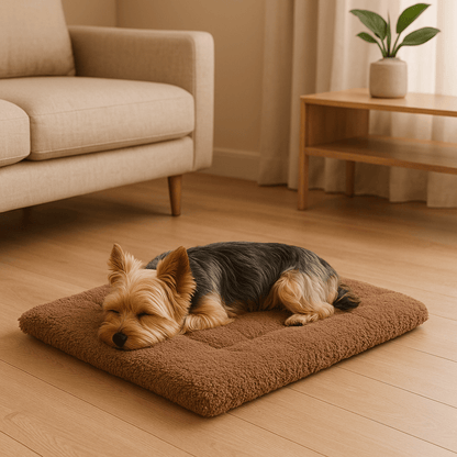 Couverture-chauffante-pour-chien-auto-coton-épais-ergonomique-déhoussable et lavable en machine-en velours doux-antidérapant, légère et transportable, polyvalente pour cage de transport, niche, panier, voiture, résistante aux griffes et morsures pour chien de petite à grande taille du S au XL-un petit chien qui dort couché confortablement sur sa couverture auto chauffante marron taille S dans le salon de l'appartement