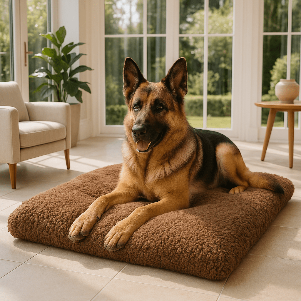 Couverture-chauffante-pour-chien-auto-coton-épais-ergonomique-déhoussable et lavable en machine-en velours doux-antidérapant, légère et transportable, polyvalente pour cage de transport, niche, panier, voiture, résistante aux griffes et morsures pour chien de petite à grande taille du S au XL-un chien de grande taille couché confortablement sur sa couverture auto chauffante marron dans la véranda de la maison