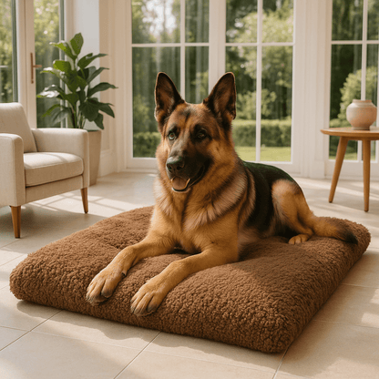 Couverture-chauffante-pour-chien-auto-coton-épais-ergonomique-déhoussable et lavable en machine-en velours doux-antidérapant, légère et transportable, polyvalente pour cage de transport, niche, panier, voiture, résistante aux griffes et morsures pour chien de petite à grande taille du S au XL-un chien de grande taille couché confortablement sur sa couverture auto chauffante marron dans la véranda de la maison