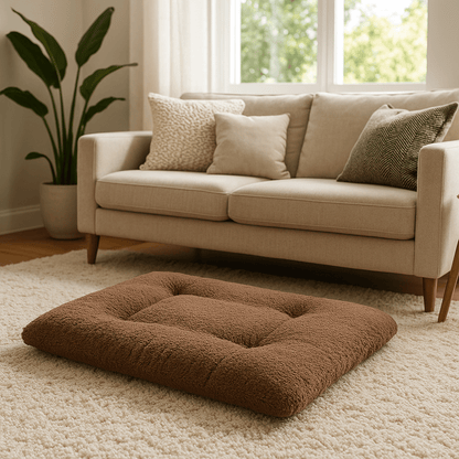 Couverture-chauffante-pour-chien-auto-coton-épais-ergonomique-déhoussable et lavable en machine-en velours doux-antidérapant, légère et transportable, polyvalente pour cage de transport, niche, panier, voiture, résistante aux griffes et morsures pour chien de petite à grande taille du S au XL-de couleur marron