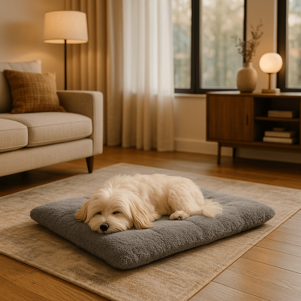 Couverture-chauffante-pour-chien-auto-coton-épais-ergonomique-déhoussable et lavable en machine-en velours doux-antidérapant, légère et transportable, polyvalente pour cage de transport, niche, panier, voiture, résistante aux griffes et morsures pour chien de petite à grande taille du S au XL-un petit chien qui dort couché confortablement sur sa couverture auto chauffante grise taille M dans le salon de la maison