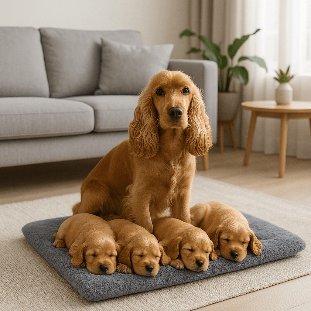 Couverture-chauffante-pour-chien-auto-coton-épais-ergonomique-déhoussable et lavable en machine-en velours doux-antidérapant, légère et transportable, polyvalente pour cage de transport, niche, panier, voiture, résistante aux griffes et morsures pour chien de petite à grande taille du S au XL-une maman chien et ses petits couchés confortablement sur sa couverture auto chauffante grise taille L dans le salon de l'appartement