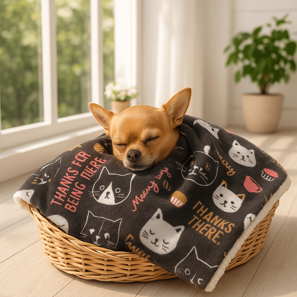 Couverture-chauffante-pour-chien-3-en-1-design-version tapis, coussin épais au rembourrage 100% coton, protège meubles, canapé, voitures, cage de transport pour un confort en déplacement-lavable en machine et passe au sèche linge-3 tailles S, M et L pour chien de petites à grandes tailles-un chihuahua qui dort paisiblement enveloppé dans sa couverture auto-chauffante sans électricité et sans danger dans son panier ovale en osier dans la véranda de la maison