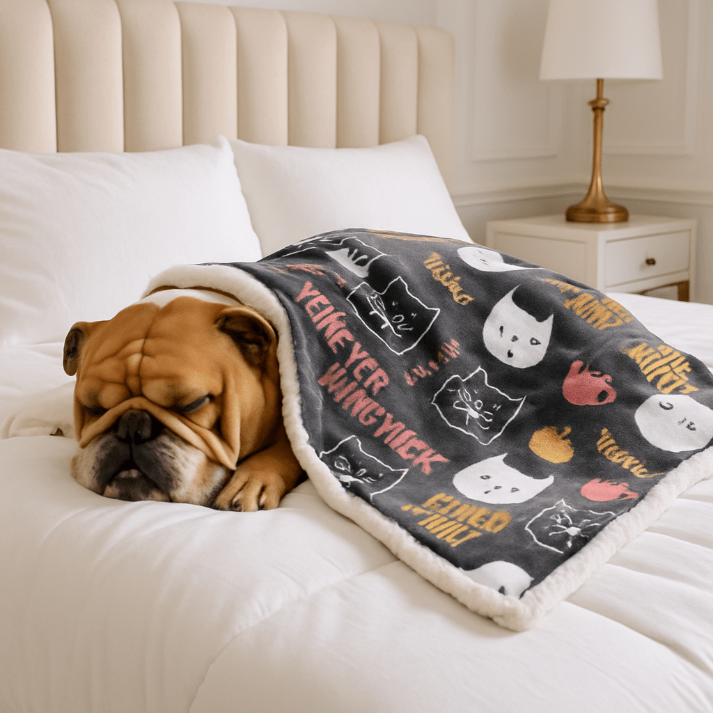 Couverture-chauffante-pour-chien-3-en-1-design-version tapis, coussin épais au rembourrage 100% coton, protège meubles, canapé, voitures, cage de transport pour un confort en déplacement-lavable en machine et passe au sèche linge-3 tailles S, M et L pour chien de petites à grandes tailles-un Bouledogue qui dort paisiblement sous la couverture auto-chauffante sans électricité et sans danger sur le lit de la chambre de son maitre