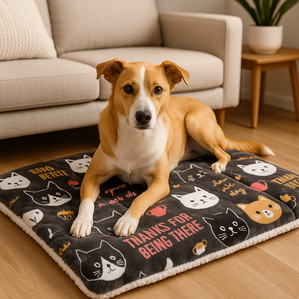 Couverture-chauffante-pour-chien-3-en-1-design-version tapis, coussin épais au rembourrage 100% coton, protège meubles, canapé, voitures, cage de transport pour un confort en déplacement-lavable en machine et passe au sèche linge-3 tailles S, M et L pour chien de petites à grandes tailles-un chien de taille moyenne couché confortablement sur la couverture auto-chauffante sans électricité et sans danger sur le sol du salon de l'appartement