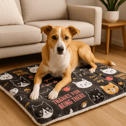 Couverture-chauffante-pour-chien-3-en-1-design-version tapis, coussin épais au rembourrage 100% coton, protège meubles, canapé, voitures, cage de transport pour un confort en déplacement-lavable en machine et passe au sèche linge-3 tailles S, M et L pour chien de petites à grandes tailles-un chien de taille moyenne couché confortablement sur la couverture auto-chauffante sans électricité et sans danger sur le sol du salon de l'appartement