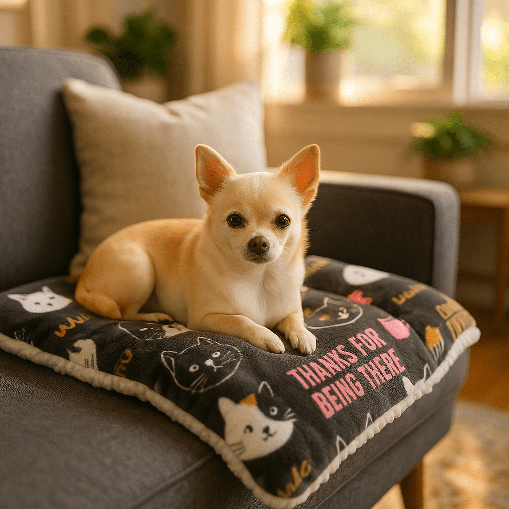 Couverture-chauffante-pour-chien-3-en-1-design-version tapis, coussin épais au rembourrage 100% coton, protège meubles, canapé, voitures, cage de transport pour un confort en déplacement-lavable en machine et passe au sèche linge-3 tailles S, M et L pour chien de petites à grandes tailles – un chien de race toy couché confortablement sur la couverture auto-chauffante sans électricité et sans danger sur le canapé du salon de l'appartement