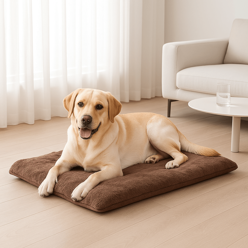 Couverture-chauffante-pour-chien-auto-coton-épais-ergonomique-déhoussable et lavable en machine-en velours doux-antidérapant, légère et transportable, polyvalente pour cage de transport, niche, panier, voiture, résistante aux griffes et morsures pour chien de petite à grande taille du S au XL-un chien de grande taille couché confortablement sur sa couverture auto chauffante marron dans le salon de la maison