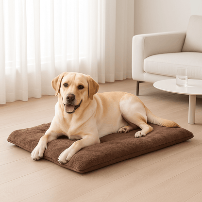 Couverture-chauffante-pour-chien-auto-coton-épais-ergonomique-déhoussable et lavable en machine-en velours doux-antidérapant, légère et transportable, polyvalente pour cage de transport, niche, panier, voiture, résistante aux griffes et morsures pour chien de petite à grande taille du S au XL-un chien de grande taille couché confortablement sur sa couverture auto chauffante marron dans le salon de la maison