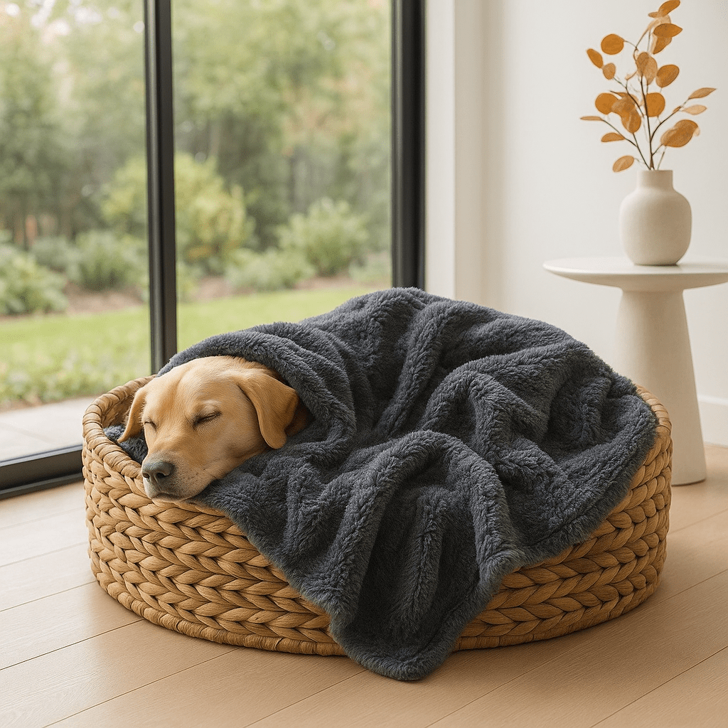 Couverture-imperméable-pour-chien-chiot-polaire-double-face : sherpa et fausse fourrure douce et résistante aux griffes-protège canapé et meubles, polyvalente pour maison, panier, lit, et transport, cage, voiture comme protège sièges et coffres, anti poils lavable en machine à laver-en 4 tailles S, M, L et XL ou XXL pour petit à grands chiens ou grande surface-un labrador qui dort paisiblement enveloppé dans la couverture douce grise dans son panier rond en osier dans la véranda de la maison