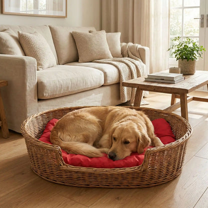 Couverture-imperméable-pour-chien-chiot-pliable avec sangle et clips de fermeture qui se transforme en sac avec poignée de transport intégré-résistant aux griffes et morsures-anti poils et saletés avec son tissu 300D Oxford et rembourrage 100% coton haute densité pour un confort optimal-utilisable partout pour protéger meubles, canapé, siège de voiture ou en coussin rectangulaire pour panier, cage, niche, etc.-un Golden retriever couché confortablement sur la couverture épaisse imperméable dans son panier 