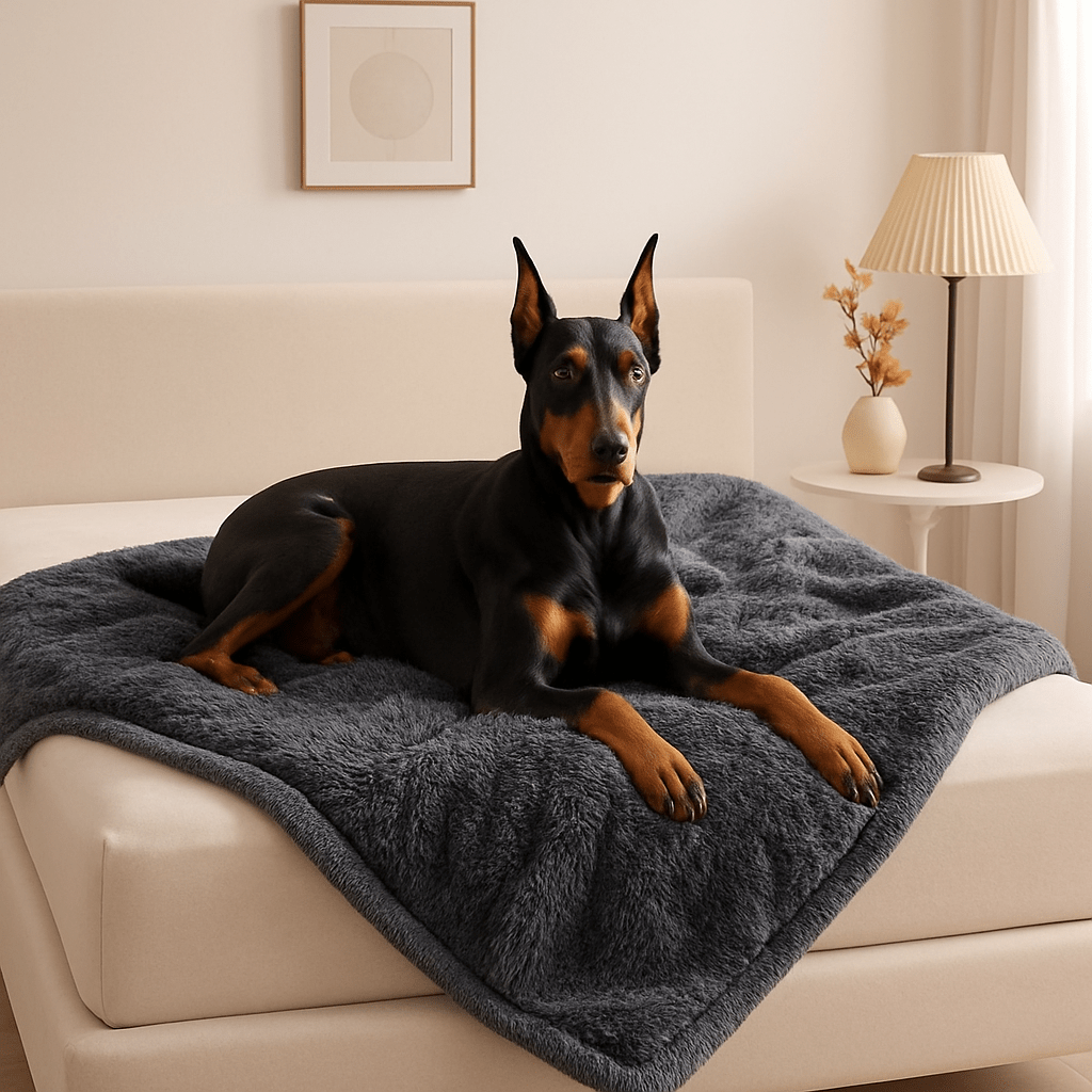 Couverture-imperméable-pour-chien-chiot-polaire-double-face : sherpa et fausse fourrure douce et résistante aux griffes-protège canapé et meubles, polyvalente pour maison, panier, lit, et transport, cage, voiture comme protège sièges et coffres, anti poils lavable en machine à laver-en 4 tailles S, M, L et XL ou XXL pour petit à grands chiens ou grande surface-un chien de taille moyenne couché paisiblement sur la couverture douce grise sur le lit de la chambre de l'appartement